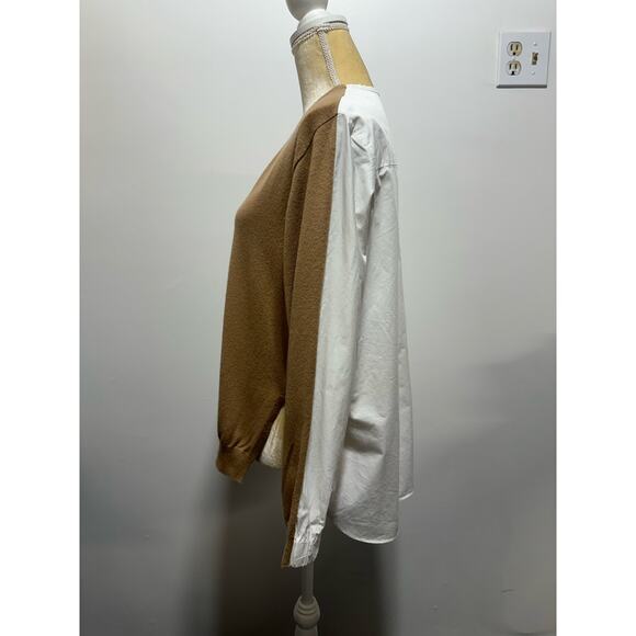 Tibi Merino Wool Sweater Shirt Combo V-neck Pullover Size XS Tan/ White - Picture 6 of 10